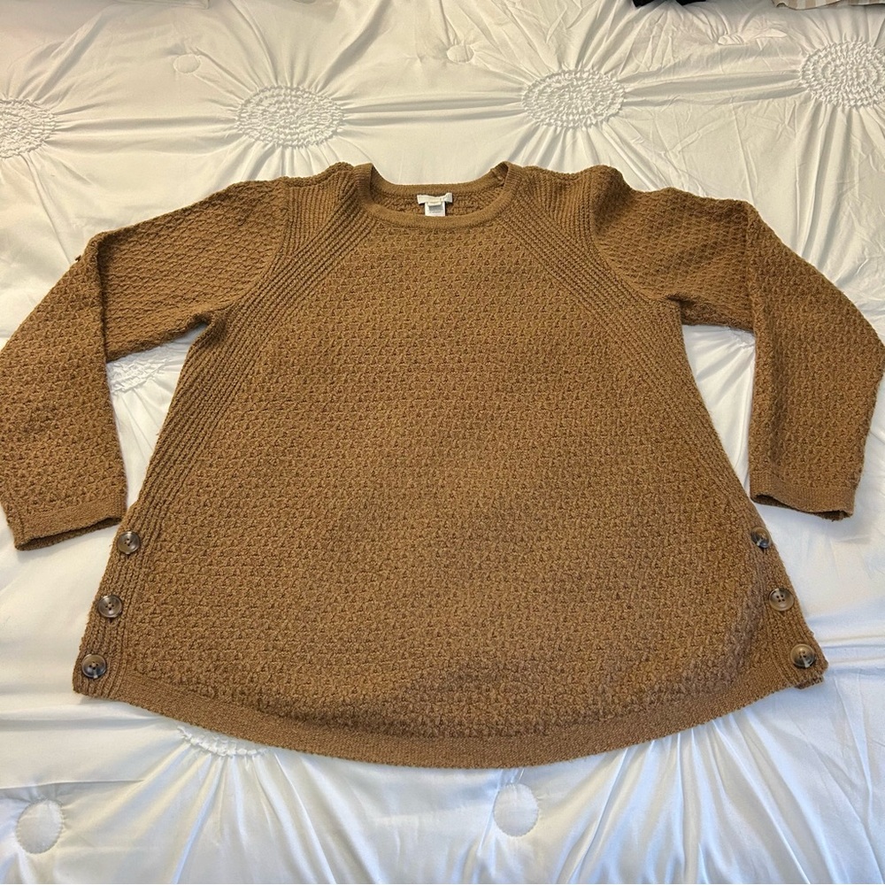 J Jill Tan Brown Cotton Blend Crew Neck Sweater w/ Brown Button Details Sz Small